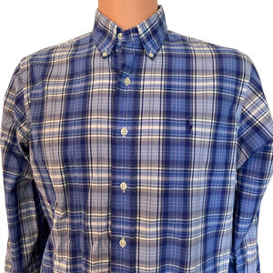 Polo Ralph Lauren Shirt Men MEDIUM Dark Blue Plaid Long Sleeve